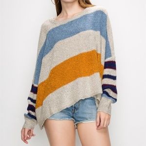 Striped Crew Neck Sweater - Blue, Gray, Orange